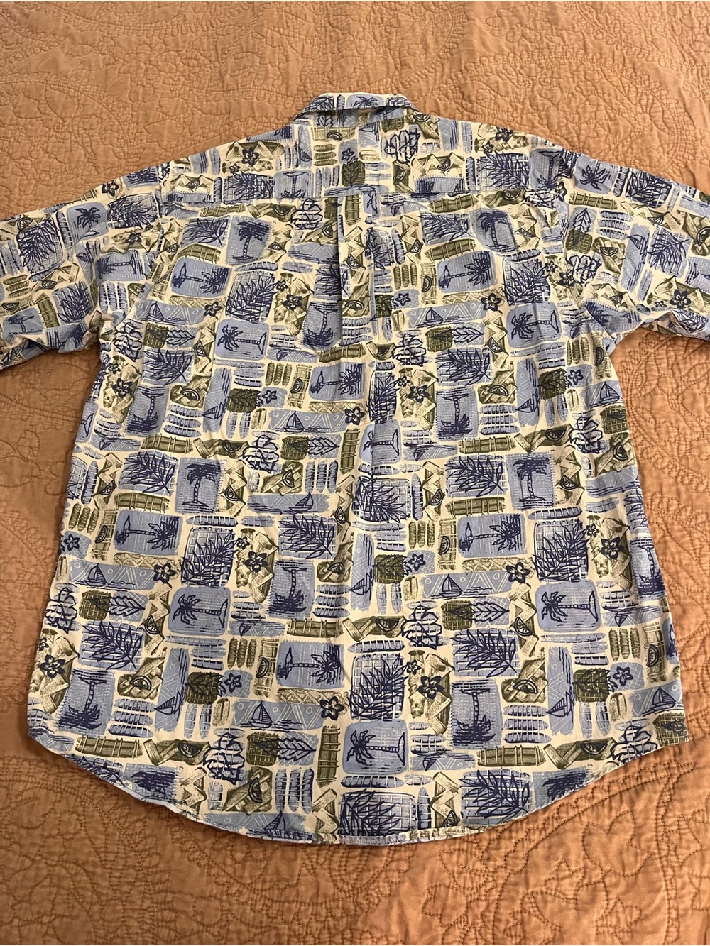 Men's 100% Cotton Short-Sleeve Button-Down Shirt Blue Green Hawaiian Beach - Picture 5 of 5